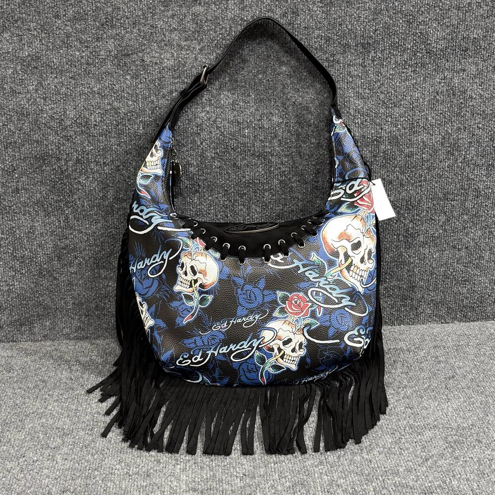 Ed Hardy Hobo Bag Womens Large Blue Black Skull Fringe Tattoo Shoulder Rock Y2K
